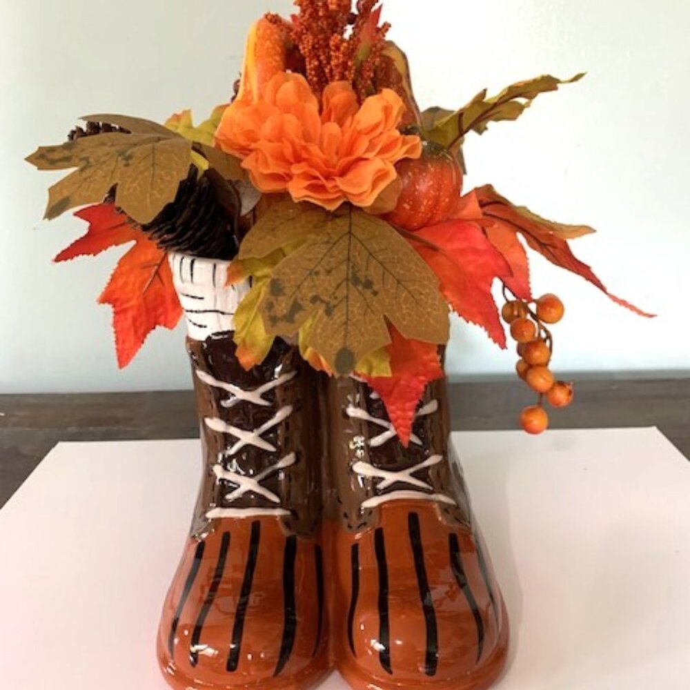Ceramic Fall Boot Botanical Decor - Picture 1 of 8